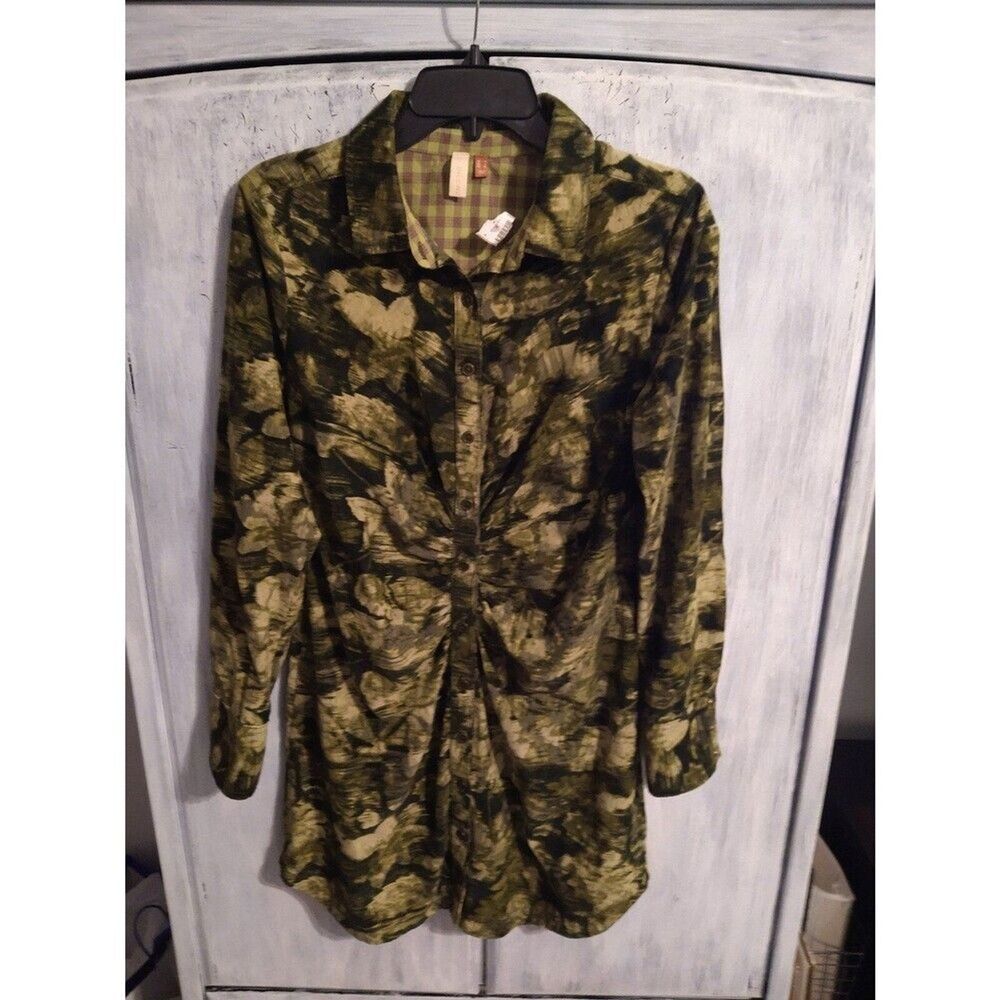 Pilcro Anthropologie velour button Ruched Dress outdoorsy olive green Classic